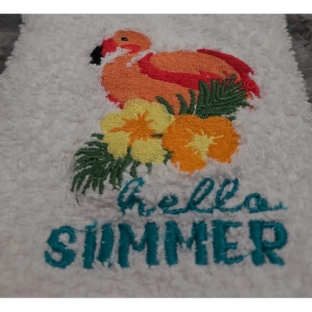 Embroidered White Bathroom Hand Towel  Tropical Plants Pink Flamingo